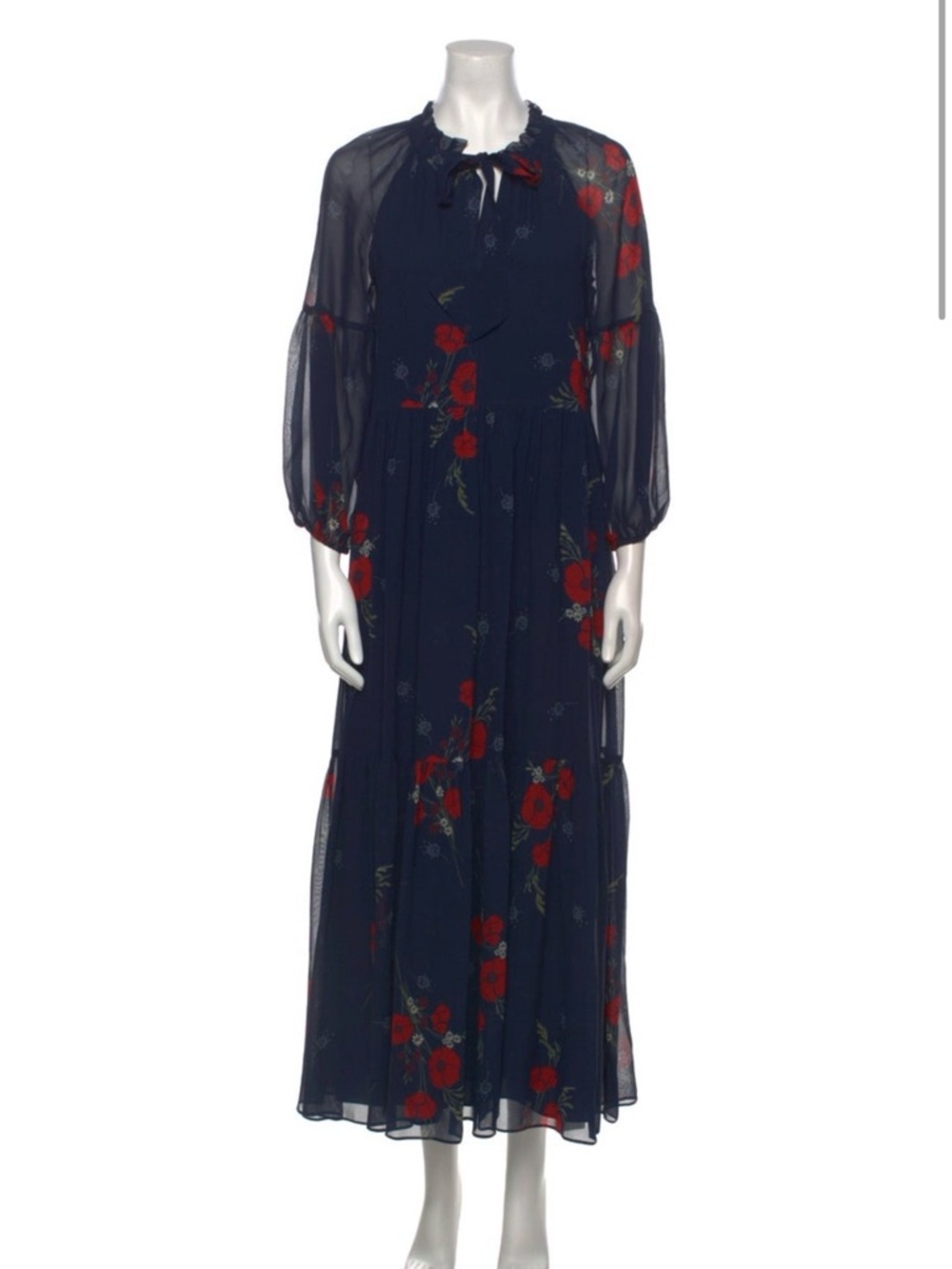 Silk Joie Navy Maxi Dress with Red Floral Print